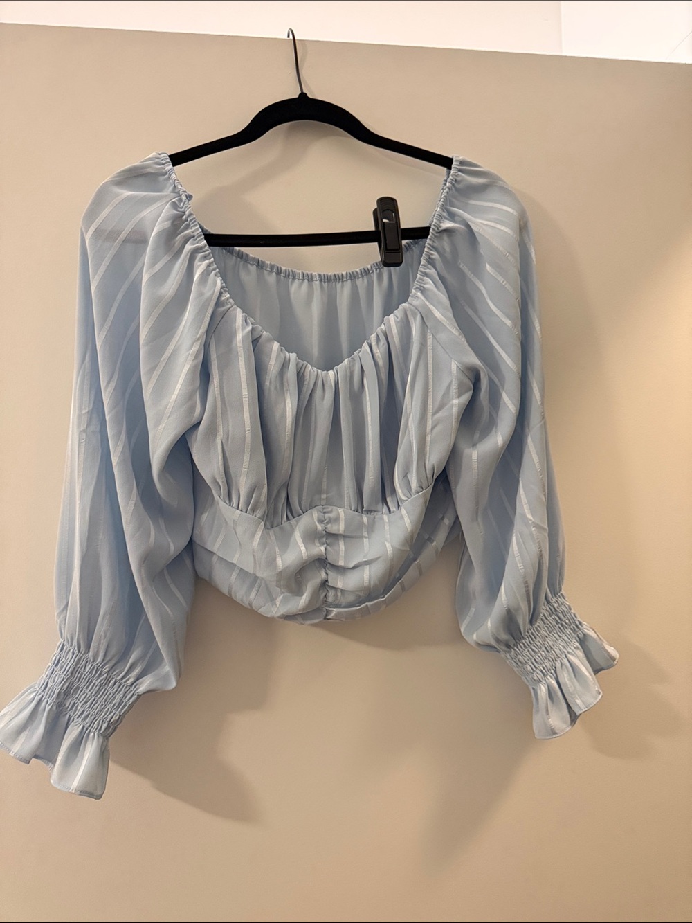 Light Blue Peasant Crop Top with Smocked Cuffs